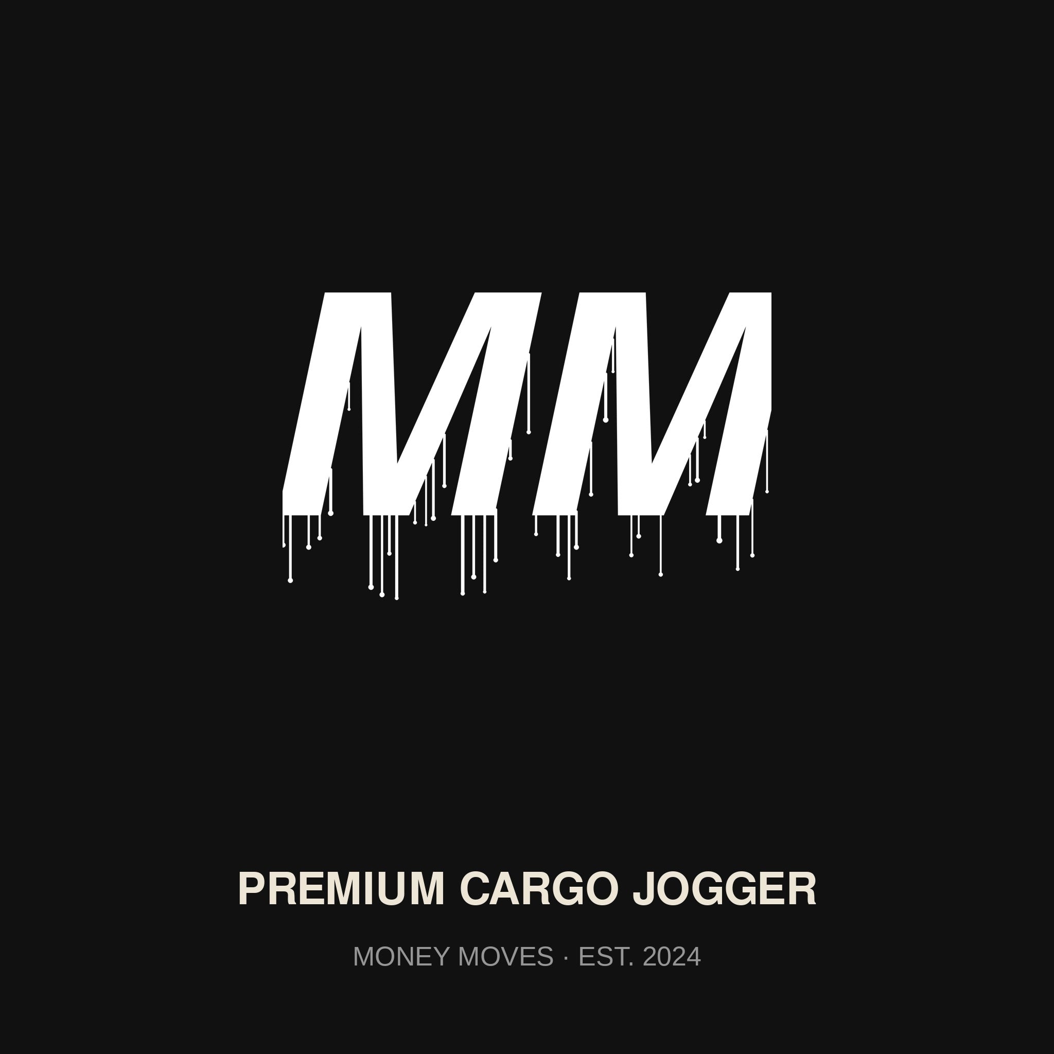 MM Premium Cargo Jogger — white MM drip monogram on black